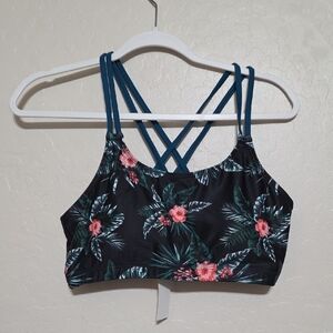 NWT Tropical Floral Strappy Bikini Top in Black and Coral